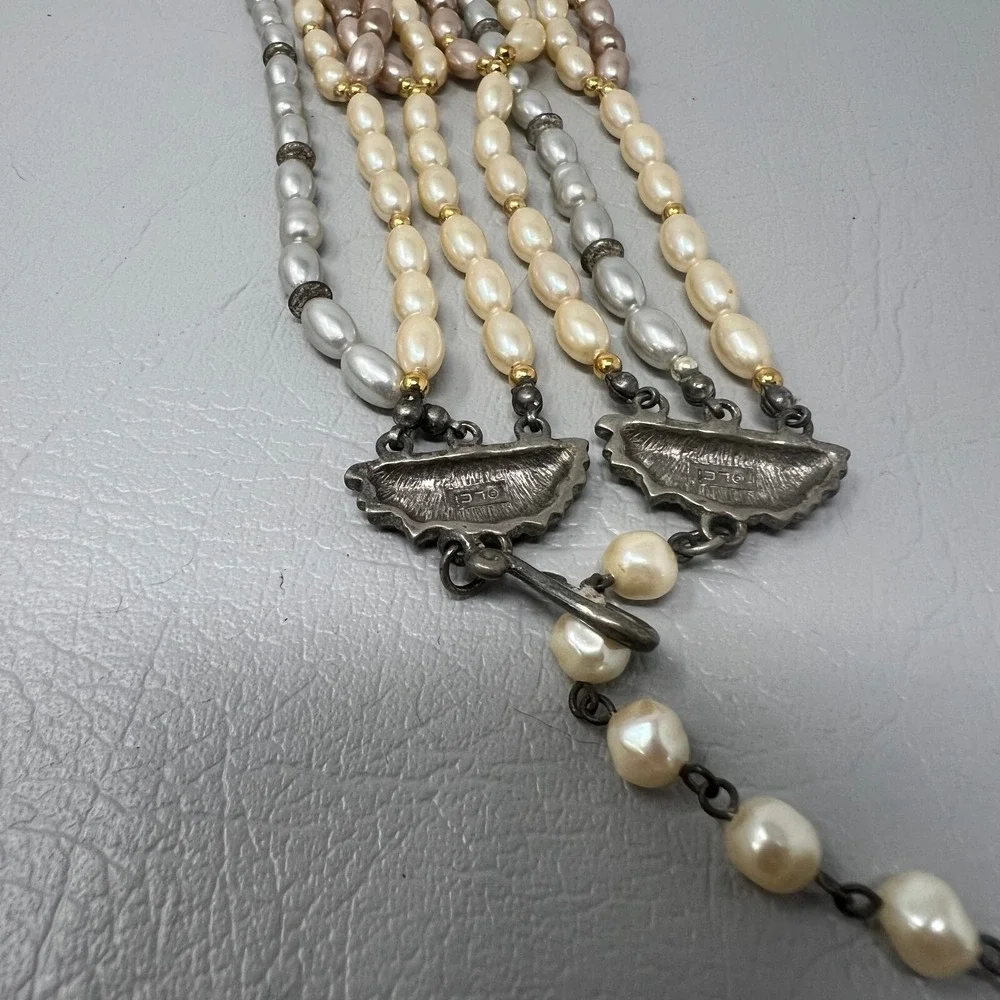 Vintage Liz Claiborne‎ Multi Strand Necklace Faux Pearl White Pink Gray